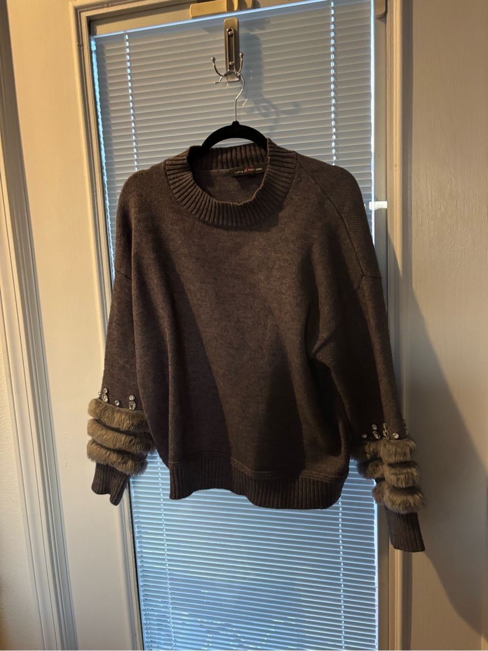Women's Dark Gray Crewneck Sweater with Faux Fur Cuff Detail